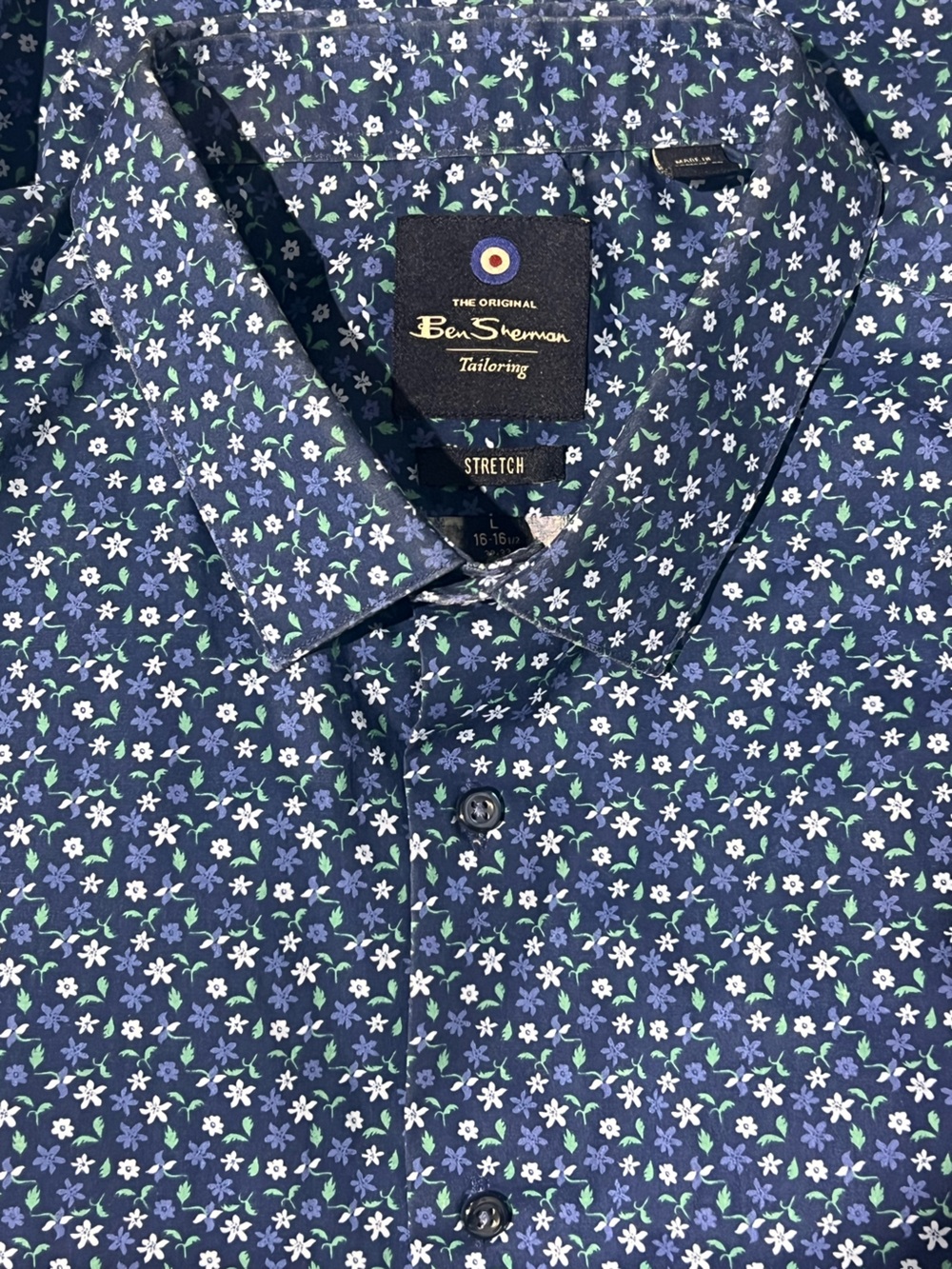 Ben Sherman Navy Floral Stretch Button-Down Shirt with Blue and White Flowers